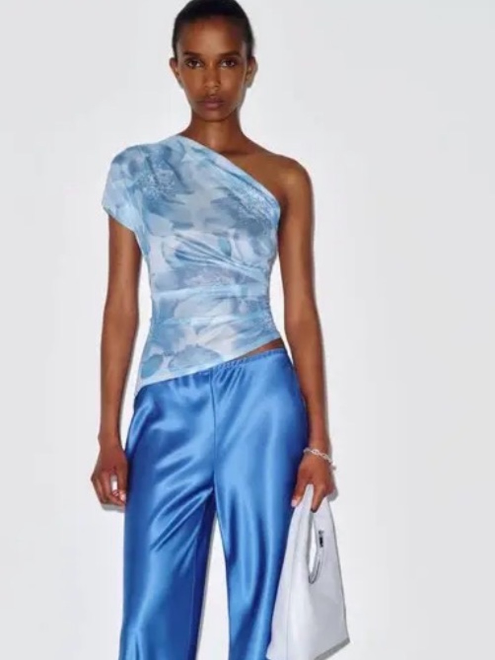 Reformation Adora Top One Shoulder Blue Watercolor Print Ruched Size Medium